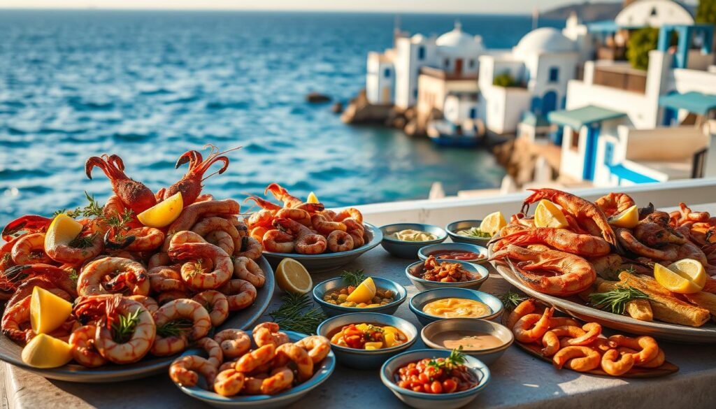 Platos de mariscos griegos junto al mar Egeo