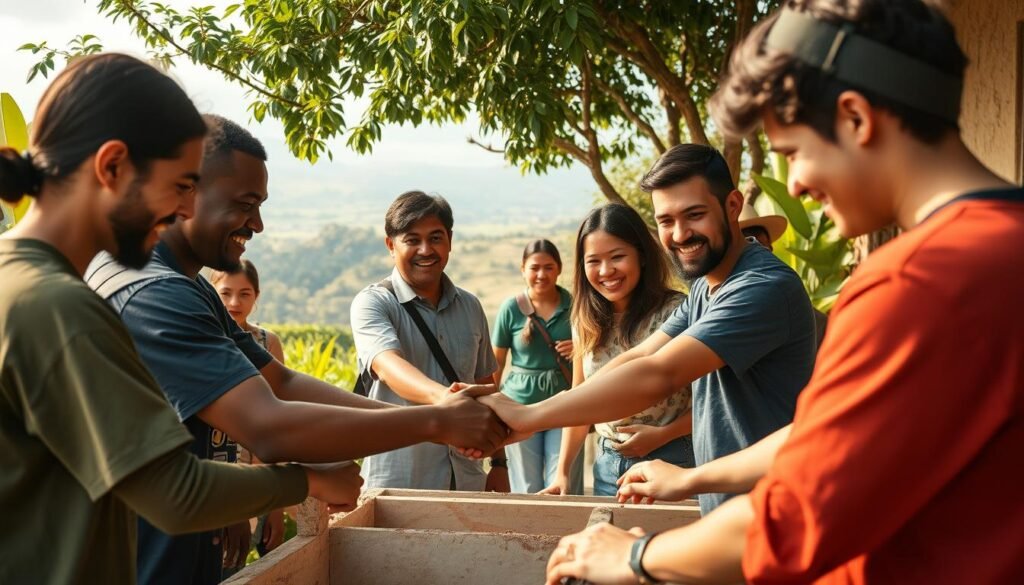 Voluntarios internacionales trabajando juntos