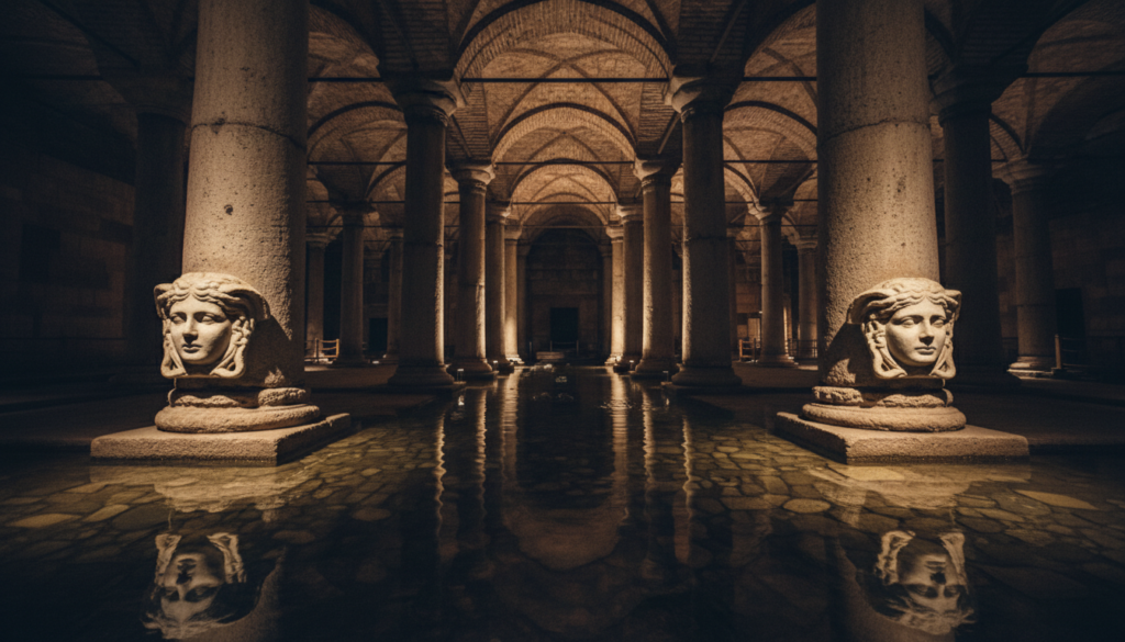 A breathtaking view inside the Basilica Cistern in Istanbul, showcasing its grand architecture. In the foreground, large, ancient columns rise dramatically from the stone floor, intricately carved and reflecting a sense of history. The middle ground features two iconic Medusa head columns, beautifully lit to highlight their unique inverted designs, surrounded by gentle ripples of water on the ground, creating a serene atmosphere. The background reveals the dimly lit expanse of the cistern, with the faint glow of ambient lighting illuminating the stone archways and ceilings, enhancing the mysterious ambiance. The perspective should be slightly low and wide-angle to capture the grandeur and scale of this underground marvel, evoking a mood of awe and intrigue.