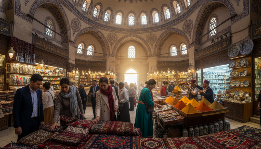 A bustling scene inside the Grand Bazaar in Istanbul during the early morning, just as the shops are opening. In the foreground, a diverse group of visitors, including individuals in smart casual attire, browse intricate textiles and vibrant rugs displayed outside the shops. The middle layer features shopkeepers setting up their stalls, showcasing a range of goods like spices, ceramics, and traditional jewelry, with bright colors and textures creating a lively atmosphere. The background reveals stunning Ottoman architecture, with decorative arches and domed roofs softly illuminated by warm golden light filtering through the bazaar's main corridor. The mood is inviting and dynamic, capturing the charm of a historic market hub, free of crowds yet full of life.