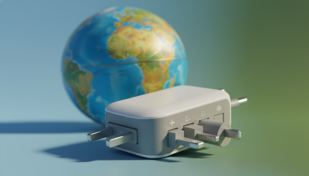 A close-up view of a universal travel adapter with retractable prongs for multiple country plugs. The foreground highlights the adapter, showcasing its sleek design and various plug configurations, including US, UK, EU, and AU styles. The middle ground features a globe partially blurred, symbolizing international travel. The background includes a soft gradient that shifts from blue to green, evoking a sense of global connectivity. The lighting is bright and natural, as if illuminated by sunlight, casting gentle shadows that enhance the adapter's dimensions. The atmosphere is inviting and dynamic, emphasizing the practicality and versatility of universal adapters as essential travel companions.