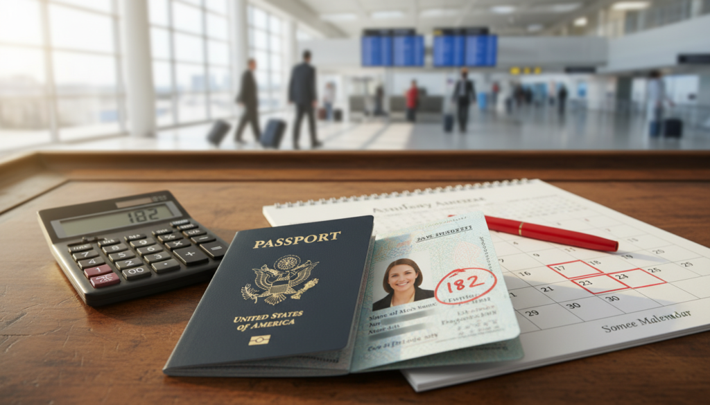 A close-up view of a valid passport placed on a wooden desk, alongside a calculator and a detailed calendar highlighting six months ahead. The passport, open to show personal details, has clear, vibrant colors and is neatly positioned. In the background, softly blurred, is an airport scene with travelers in business attire, carrying luggage and checking flight information. Bright natural light streams through a nearby window, creating a warm, inviting atmosphere. The mood reflects a sense of urgency yet calm, evoking the importance of verifying passport validity before travel. The image should be crisp and clear, with a shallow depth of field that draws attention to the passport and the calculating tools.