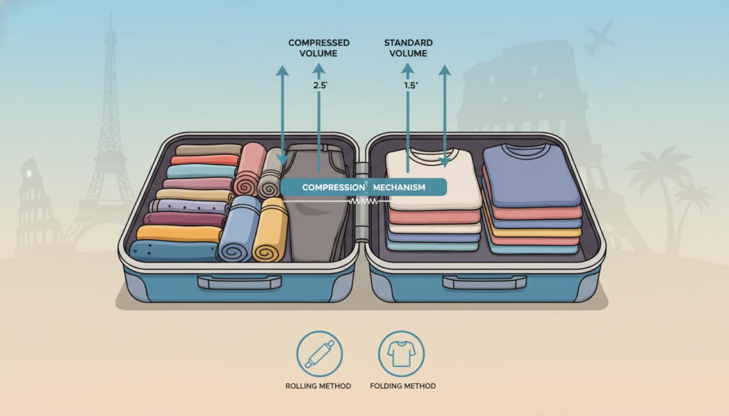 A detailed and visually engaging illustration depicting a travel suitcase showcasing the concepts of volume and compression. In the foreground, a partially open suitcase reveals neatly rolled and folded clothing items in two distinct styles, highlighting the debate between folding and rolling techniques. The middle ground features an overlay of measurement indicators like volume arrows and compression bars, visually demonstrating the changes in space between the two methods. The background should be a soft gradient, suggesting a travel-themed atmosphere with faint silhouettes of landmarks or travel-related items. The lighting should be bright and even, accentuating the textures of the fabric while giving a clear view of the suitcase's interior. The overall mood is informative and exploratory, inviting the viewer to understand the science of packing efficiently.