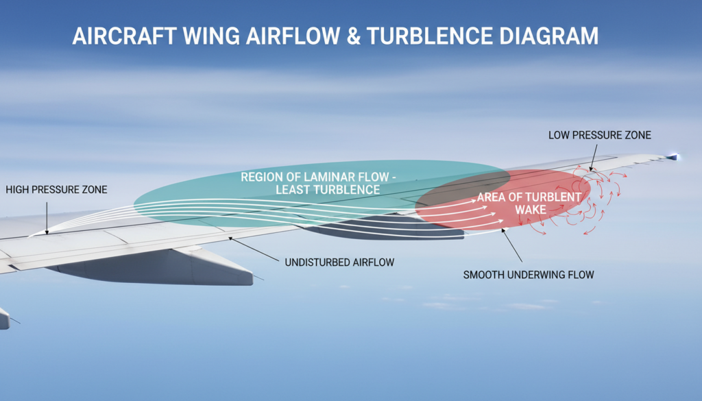 A detailed diagram illustrating the area of least turbulence over an airplane's wings. In the foreground, depict the airplane in profile with its wings clearly visible, highlighting the specific zones of low turbulence in a clear, scientific aesthetic. The middle ground features airflow lines flowing smoothly over the wings, with arrows indicating air movement, and annotations that explain turbulence patterns in a clean, technical format. In the background, a soft blue sky adds a serene atmosphere, with wispy clouds subtly suggesting altitude. The lighting should be bright and even, enhancing the clarity of the diagram. Use a high-resolution, clear lens perspective for a polished and professional appearance. The overall mood should be informative and enlightening, aimed at helping readers better understand aircraft turbulence dynamics.