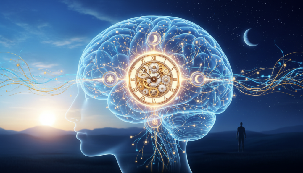 A detailed illustration depicting the concept of the circadian rhythm and the suprachiasmatic nucleus. In the foreground, a glowing human brain is shown with bright neural pathways illustrating the flow of circadian signals. The middle ground features a stylized representation of the suprachiasmatic nucleus, depicted as a radiant clock, its gears symbolizing time regulation. In the background, a soft gradient of day and night cycles transitions from blue skies to starry night, symbolizing light and darkness impacting the body’s rhythm. The lighting is luminous and ethereal, casting a gentle glow on the brain and nucleus, creating a calm, insightful atmosphere. Use a wide-angle lens perspective to give a sense of depth, focusing on the interconnectedness of time and biological processes.