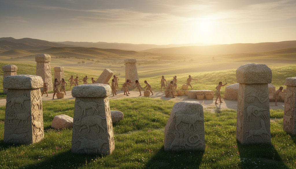A detailed timeline visualization of Göbekli Tepe, featuring a layered representation of the archaeological site. In the foreground, ancient stone pillars etched with intricate animal carvings stand prominently, surrounded by lush green grass. The middle layer showcases an artist’s interpretation of ancient people constructing the site, wearing simple yet historical attire suggestive of the era, engaged in various activities. In the background, a panoramic view of the landscape with rolling hills and a setting sun casting a warm golden light across the scene, highlighting the mystical aura of the ancient temple. The overall atmosphere should evoke a sense of wonder and historical significance, accentuated by soft, ethereal lighting that enhances the grandeur of the ancient ruins. The composition should be wide-angle to capture the vastness of the site and its environment without any text or overlay.