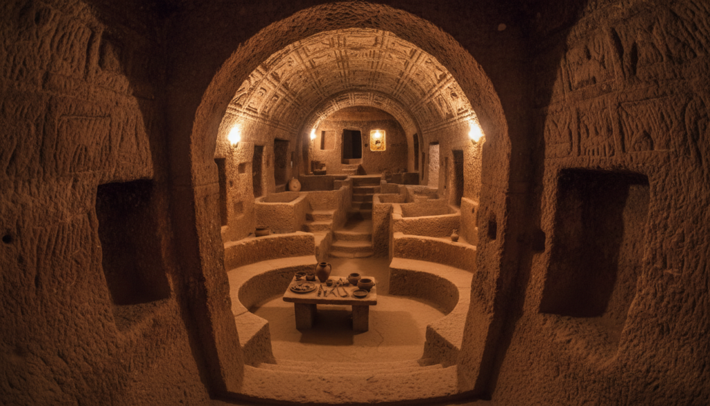 A detailed view of the underground city of Derinkuyu, showcasing its intricate stone tunnels and chambers. In the foreground, highlight an arched doorway leading into a large communal area, complete with ancient seating arrangements and artifacts. The middle ground features narrow passageways branching off into various levels, illustrating the depth and scale of the city, with small staircases descending further into the darkness. The background reveals a high, vaulted ceiling adorned with ancient carvings, illuminated by soft, warm lighting that casts gentle shadows, enhancing the mysterious atmosphere. The perspective is slightly tilted to convey the vastness of the subterranean environment, evoking a sense of awe and exploration while maintaining a serene and historical mood.