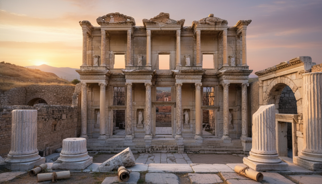 A grand view of the Biblioteca de Éfeso, showcasing the stunning architecture of the ancient library. In the foreground, intricately carved marble columns and a few scattered scrolls represent the profound history of knowledge. In the middle ground, the library's imposing façade features large, ornate windows and detailed friezes depicting classical scenes. The background reveals a glimpse of the ancient city of Éfeso, with soft, rolling hills under a warm golden sunset, casting a nostalgic glow. The atmosphere is serene yet mysterious, inviting the viewer to contemplate the secrets held within the library's walls. Use soft, ambient lighting to enhance the textures and details of the marble, capturing a sense of reverence and awe. The image should be composed from a slightly low angle to emphasize the library's grandeur.
