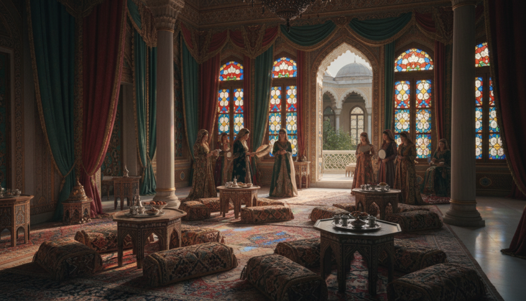 A luxurious interior of the Topkapi Palace harem, showcasing opulent decor and rich textiles. In the foreground, intricately designed cushions and low tables with ornate patterns invite contemplation. The middle ground features elegantly draped silks, large windows adorned with stained glass filtering soft, colorful light into the room, creating a warm atmosphere. In the background, a glimpse of high arches and lush greenery from the palace gardens is visible through an open balcony. The mood is serene yet regal, reflecting the life of the Sultan's harem. Light casts gentle shadows, enhancing the richness of the materials like gold and marble. Ensure all human figures are dressed in modest, traditional attire, gracefully interacting within this lavish space.