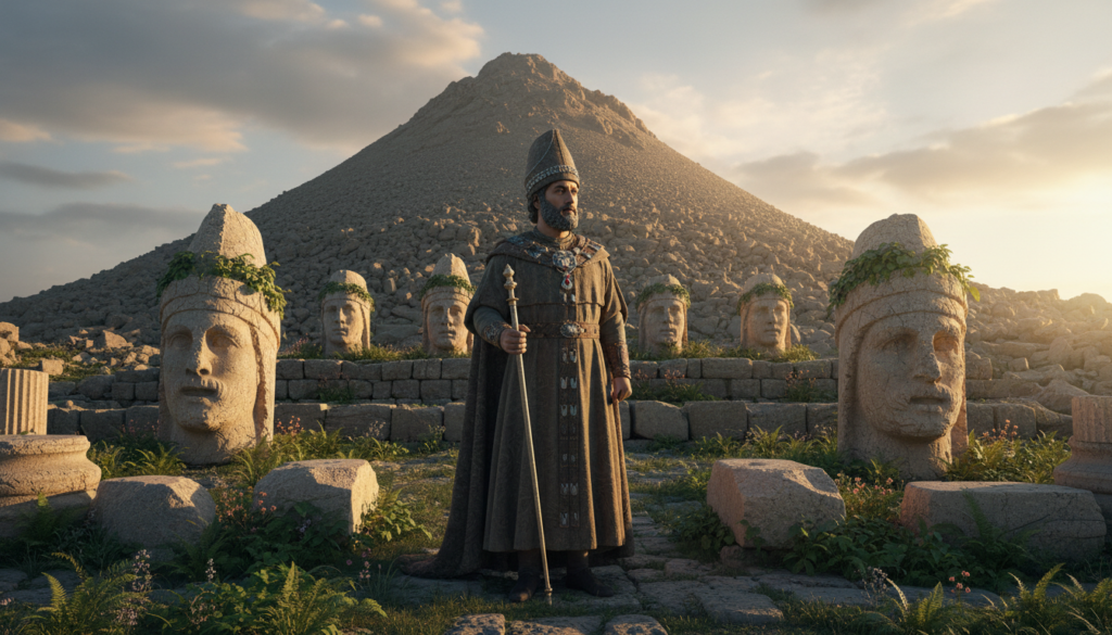 A majestic portrait of King Antiochus I, depicted in traditional attire, stands prominently in the foreground, his expression regal and contemplative. He is surrounded by remnants of ancient architecture, with stylized stone statues of deities partially obscured by lush mountain vegetation. In the middle ground, monumental stone heads resembling the ones found on Mount Nemrut overlook the scene, their weathered features hinting at a storied past. The background showcases the dramatic peak of Mount Nemrut, bathed in the warm, golden light of a setting sun, casting long shadows across the rocky terrain. The atmosphere is one of mystery and grandeur, with soft clouds drifting overhead, evoking a sense of timelessness and historical wonder. The composition is balanced and harmonious, inviting the viewer to explore the rich history of the Kingdom of Comagene.