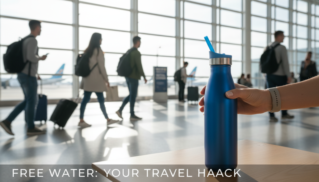 A reusable water bottle placed prominently in an airport terminal, showcasing its sleek design and vibrant color. In the foreground, focus on the bottle, with a hand reaching for it, hinting at its use. In the background, display a busy airport scene with travelers in modest, casual clothing, walking by and carrying luggage. Bright, natural light streams in through large windows, creating a warm and inviting atmosphere. The composition should emphasize the idea of sustainability and convenience in travel. Use a shallow depth of field to keep the focus on the water bottle while softly blurring the background activity, inviting viewers to discover this hidden trick for free water at the airport.