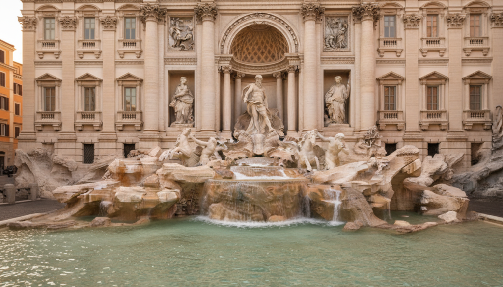 A serene view of the Trevi Fountain at dawn, completely empty of visitors, bathed in the soft, golden light of the early morning. The foreground features the intricate carvings of the fountain, the water reflecting the warm hues of sunrise. In the middle, the grand statues stand majestically, with light gently illuminating their features, showcasing the craftsmanship. The background includes a soft focus of the surrounding buildings, their facades glowing in the warm light. Capture the tranquil atmosphere, emphasizing the peace and isolation that this moment offers. Use a wide-angle perspective to highlight the scale of the fountain. The scene should evoke a sense of calm and exclusivity, void of any human presence or distractions, creating a perfect representation of the "6 AM Rule."