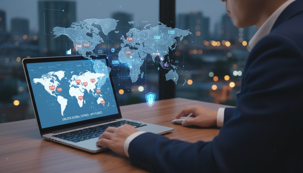 A visually striking image depicting the concept of saving money on flights through VPN usage. In the foreground, a laptop opens displaying a map with various international destinations adorned with price tags showing discounted flight prices. A professional individual, dressed in smart business attire, sits at a modern desk, looking intently at the screen. In the middle ground, a world map is partially visible, overlayed with digital data streams representing internet connections. The background features a city skyline at dusk, illuminated by soft ambient lighting to create a warm, inviting atmosphere. The overall mood conveys innovation and excitement about travel savings, with a focus on the theme of online freedom and financial savvy. The image is framed with a slight blur to emphasize the laptop and the focused individual, evoking a sense of purpose and discovery.