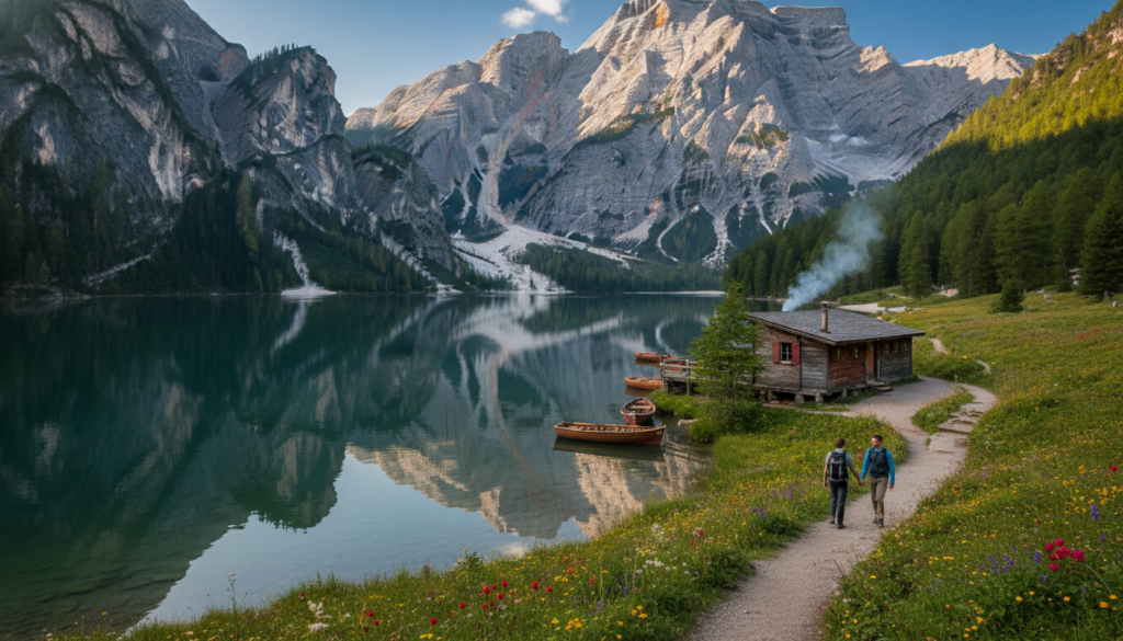 A breathtaking view in the Italian Alps, showcasing a picturesque landscape filled with majestic snow-capped mountains and lush green valleys under a clear blue sky. In the foreground, a tranquil alpine lake reflects the scenic beauty, with small wooden boats gently floating on the water. A charming cabin with smoke swirling from the chimney sits nestled among the trees, inviting warmth against the stunning backdrop. In the middle ground, a couple in modest casual clothing enjoys a leisurely hike on a winding trail, surrounded by vibrant wildflowers in bloom. The scene is bathed in soft, warm sunlight, creating a romantic and serene atmosphere. The image is captured with a wide-angle lens to enhance the depth of the landscape, emphasizing the grandeur of the Alps.