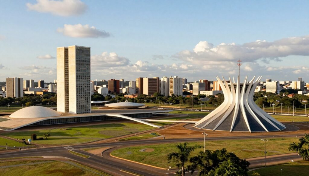 A breathtaking view of Brasília's iconic modernist architecture, focusing on the striking buildings designed by Lúcio Costa and Oscar Niemeyer. In the foreground, showcase the flowing curves of the National Congress and the graceful lines of the Cathedral of Brasília, surrounded by vibrant green landscapes. The middle ground should feature the modernist layout of the city, reflecting its unique airplane shape, with elegant highways and pedestrian areas highlighted. In the background, gently capture a bright blue sky with soft clouds, symbolizing the optimism of the city’s creation. Use warm, natural lighting to evoke a sense of tranquility and innovation. The scene should feel inspirational and forward-thinking, embodying the legacy of Costa and Niemeyer in architecture.