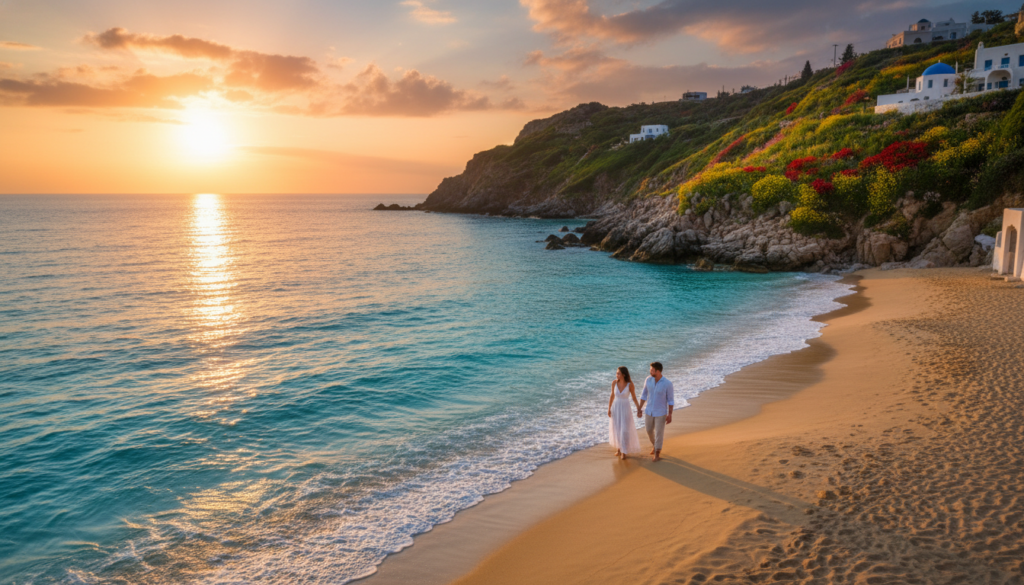 A breathtaking view of a dreamlike beach in Greece, featuring golden sands and crystal-clear turquoise waters gently lapping at the shore. In the foreground, a couple strolls hand-in-hand along the water's edge, dressed in modest casual clothing, enjoying the serene environment. The middle ground showcases lush, green cliffs dotted with vibrant wildflowers, while a few traditional whitewashed buildings with blue accents are nestled among them. In the background, a radiant sun sets on the horizon, casting warm golden hues across the sky and reflecting off the water, creating a tranquil and inviting atmosphere. The image captures the essence of paradise, with a focus on natural beauty and peaceful exploration, framed with a wide-angle perspective to enhance the grandeur of the scenery.