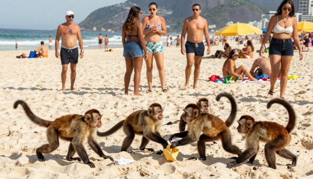 A bustling scene on Copacabana Beach in Rio de Janeiro, featuring playful titi monkeys in the foreground engaging in mischievous behavior, attempting to snatch small belongings from unsuspecting beachgoers. The monkeys should be depicted with expressive faces, showcasing their cleverness and agility. In the middle ground, a diverse group of tourists in casual summer attire appears surprised and amused, without any explicit or provocative elements. In the background, gently rolling waves and bright umbrellas create a vibrant beach atmosphere under warm sunlight, casting soft shadows. The image should have a lively, lighthearted mood, emphasizing the playful nature of the monkeys while capturing the beauty of the location. The angle should be slightly elevated, providing a dynamic perspective of both the beach and the interaction between the monkeys and tourists.