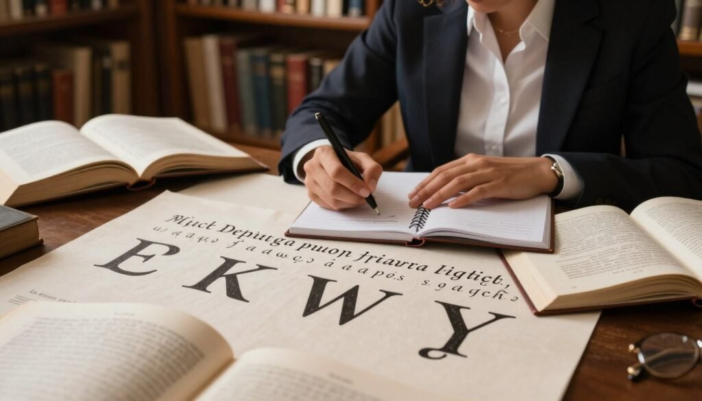 A detailed and engaging visual representation of Portuguese pronunciation and spelling rules. In the foreground, a neatly arranged workspace displaying phonetic symbols and letters K, W, and Y in elegant calligraphy, surrounded by open books on Portuguese grammar. In the middle, a thoughtful individual with a focused expression, dressed in professional attire, analyzing the writings while jotting down notes on a notepad. The background features a soft-focus library or study setting, filled with shelves of books and dim, warm lighting, creating an inviting and scholarly atmosphere. The angle is slightly overhead to capture both the workspace and the person's engagement with the material, fostering a mood of study and intellectual exploration.
