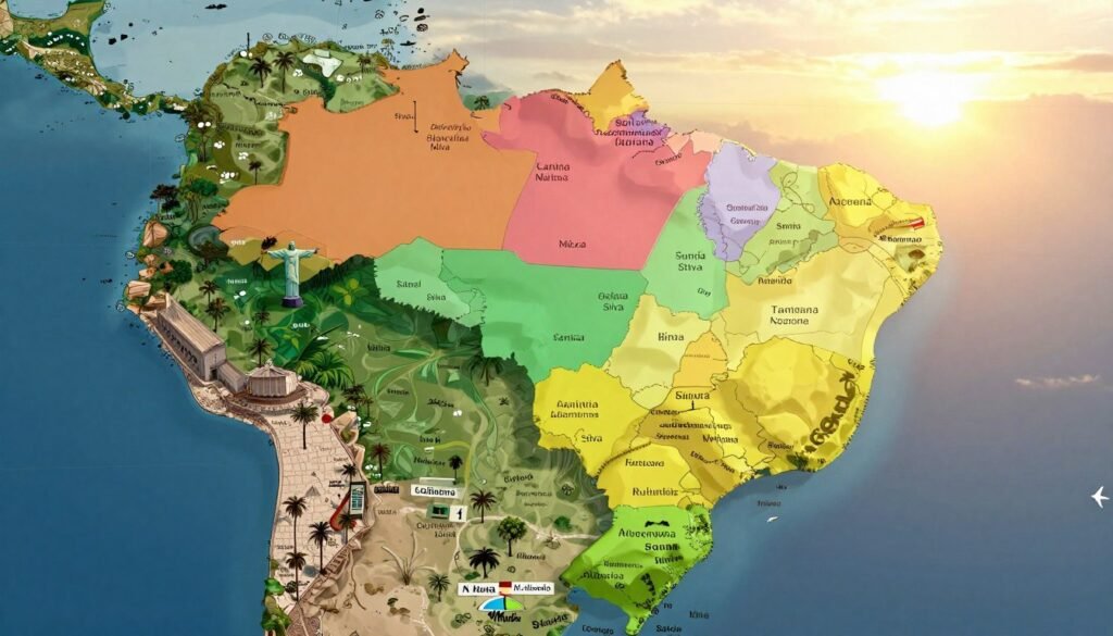 A detailed geographical map of Brazil highlighting the distribution of the surname Silva. The foreground features iconic Brazilian landmarks like Christ the Redeemer and the Amazon rainforest, symbolizing cultural and natural diversity. In the middle ground, include a gradient overlay indicating regions with the highest concentration of the surname, using various shades of color to represent densities. The background showcases a soft sunset casting warm golden light across the landscape, creating a peaceful and reflective mood. Focus on clear, crisp lines to ensure the map's details are easily interpretable, shot from a top-down angle to emphasize the country’s geography. The image should be vibrant, professional, and suitable for an academic context, devoid of any text or annotations.