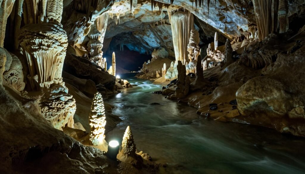 A detailed underground river system resembling the Hamza River, flowing through a rich geological environment, illuminated by soft, ethereal lighting. In the foreground, intricate rock formations and luminescent minerals give a glimpse of the subterranean world. The middle ground features the river, winding its way through dark, lush landscapes, with subtle currents reflecting the light like shimmering silk. The background showcases distant stalactites and stalagmites, creating a mystical cavern atmosphere. The scene is viewed from a low angle, capturing the depth of the underground and emphasizing the river's hidden nature. The overall mood is one of wonder and discovery, inviting the viewer to explore this enigmatic environment.