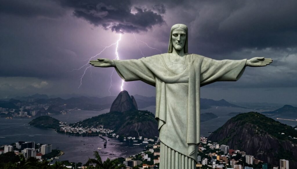 A detailed view of the iconic Christ the Redeemer statue in Rio de Janeiro, showcased dramatically in the foreground, with a stormy sky swirling above. The statue, struck by lightning, reveals a small piece of the hand missing, symbolizing its weathering from nature's forces. In the middle ground, the lush green landscape of Rio and distant buildings can be seen, enveloped in dark clouds, enhancing the sense of foreboding. The atmosphere is charged, illuminated by occasional flashes of lightning, casting striking shadows across the landscape. The image captures the awe and reverence surrounding this monumental figure, with a cinematic perspective emphasizing its height against the tempestuous sky, creating an intense, dramatic mood.
