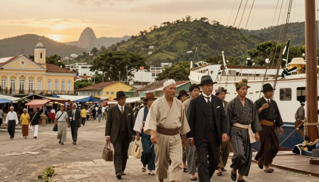A historical scene depicting Japanese immigrants arriving in Brazil during the early 20th century. In the foreground, a group of Japanese individuals dressed in modest, professional attire, showcasing their cultural heritage through traditional accessories, are stepping off a ship at a bustling port. The middle ground shows the vibrant atmosphere of a developing Brazilian city with colonial architecture, market stalls, and diverse local populations, reflecting the fusion of cultures. The background features lush green hills and the silhouette of iconic Brazilian landmarks under a warm, golden sunset. The image captures a sense of hope and challenges faced by immigrants, with soft, natural lighting and a wide-angle view to emphasize the community's warmth and resilience. A historical scene depicting Japanese immigrants arriving in Brazil during the early 20th century. In the foreground, a group of Japanese individuals dressed in modest, professional attire, showcasing their cultural heritage through traditional accessories, are stepping off a ship at a bustling port. The middle ground shows the vibrant atmosphere of a developing Brazilian city with colonial architecture, market stalls, and diverse local populations, reflecting the fusion of cultures. The background features lush green hills and the silhouette of iconic Brazilian landmarks under a warm, golden sunset. The image captures a sense of hope and challenges faced by immigrants, with soft, natural lighting and a wide-angle view to emphasize the community's warmth and resilience.