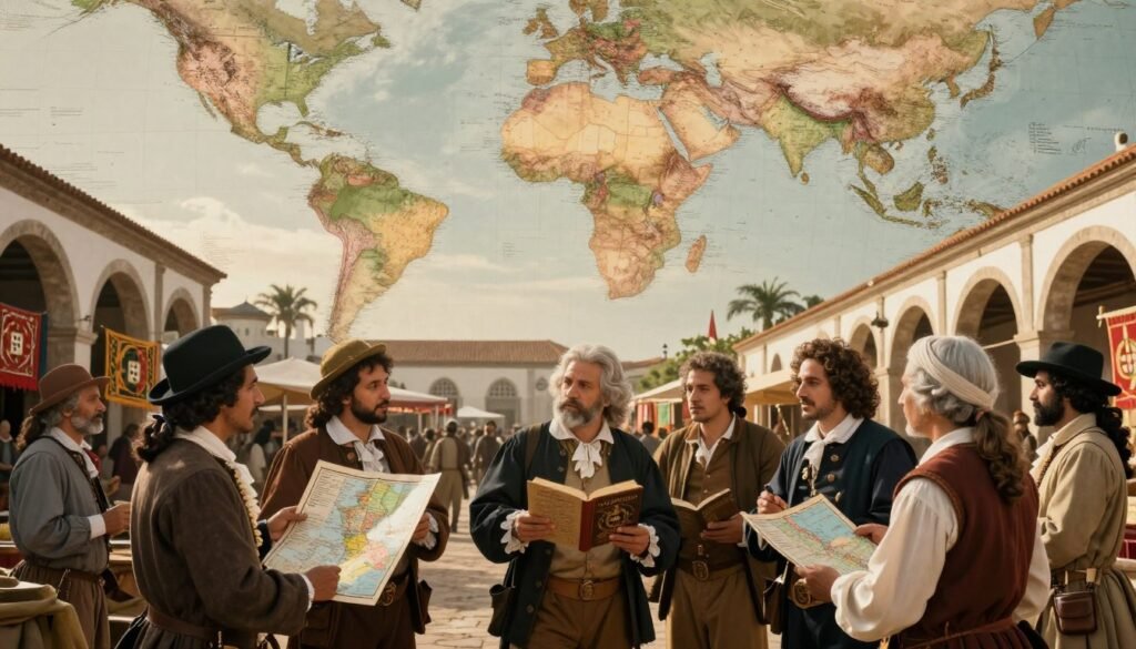 A historical scene depicting the colonial diffusion of the Portuguese language across various regions of the world. In the foreground, diverse groups of people, including traders and scholars, engaged in animated discussions while holding maps and books in Portuguese. The middle ground features a classic colonial marketplace with architectural elements like arches and vibrant textiles, resonating with Portuguese influences. In the background, an expansive world map highlights Portuguese-speaking countries, subtly blended with earthy tones. The lighting is warm and inviting, reminiscent of a sunrise, casting gentle shadows. A sense of discovery and cultural exchange permeates the atmosphere, inviting viewers to reflect on the far-reaching impact of Portuguese colonialism. The overall composition should evoke a blend of historical richness and a celebration of language diversity. A historical scene depicting the colonial diffusion of the Portuguese language across various regions of the world. In the foreground, diverse groups of people, including traders and scholars, engaged in animated discussions while holding maps and books in Portuguese. The middle ground features a classic colonial marketplace with architectural elements like arches and vibrant textiles, resonating with Portuguese influences. In the background, an expansive world map highlights Portuguese-speaking countries, subtly blended with earthy tones. The lighting is warm and inviting, reminiscent of a sunrise, casting gentle shadows. A sense of discovery and cultural exchange permeates the atmosphere, inviting viewers to reflect on the far-reaching impact of Portuguese colonialism. The overall composition should evoke a blend of historical richness and a celebration of language diversity.