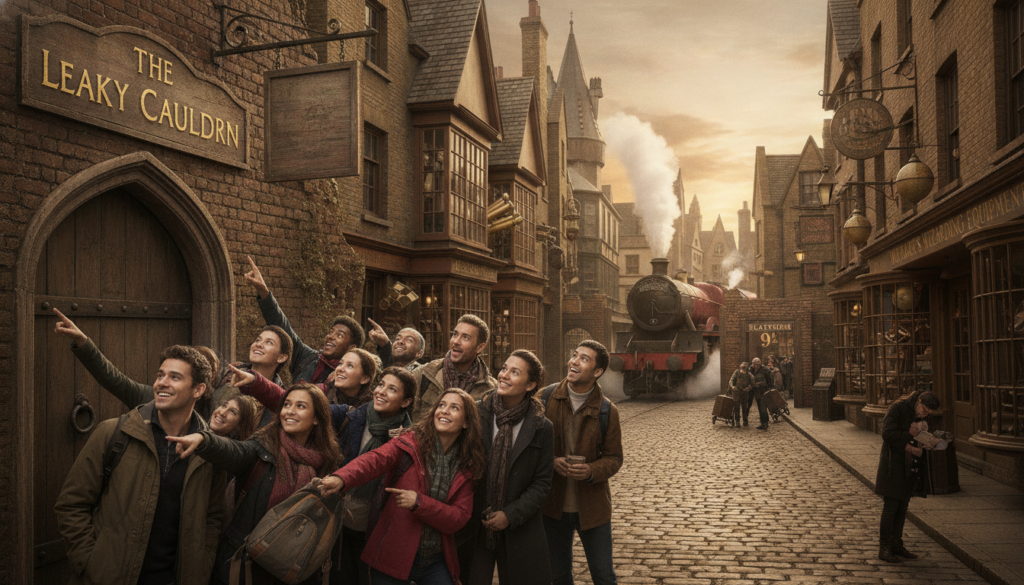 A magical scene depicting a Harry Potter-themed tour in London, featuring iconic locations like the Leaky Cauldron and Platform 9¾. In the foreground, a group of excited tourists wearing casual clothing gathers around a brick wall, gazing in awe at the hidden entrance to Diagon Alley. In the middle, the bustling street is lined with whimsical shopfronts filled with magical items, framed by classic London architecture. The background showcases the majestic silhouette of the Hogwarts Express steaming in the distance, enveloped in a soft, golden twilight glow. The image is illuminated with warm lighting that exudes a cozy and enchanting atmosphere, taken from a slightly elevated angle to capture both the tourists' expressions and the vibrant details of this magical setting.