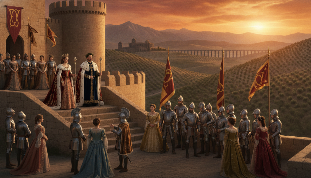 A majestic scene depicting the Historia de los Reyes Católicos in Spain, capturing the essence of their era. In the foreground, a richly adorned royal couple, dressed in elaborately designed medieval attire with crowns, stands on the steps of a grand castle, exuding authority and grace. In the middle, knights in shining armor and courtiers engage in animated discussions while banners depicting royal emblems flutter gently in the breeze. The background features a picturesque Spanish landscape, with rolling hills and a hint of ancient architecture under a vibrant sunset, casting warm, golden hues across the scene. The atmosphere is both regal and historical, inviting viewers to explore the rich heritage of Spain. The image is illuminated by soft diffused lighting, enhancing the details of the costumes and architecture, shot from a slightly elevated angle for a dramatic perspective.