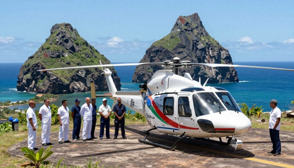 A medical evacuation scene set in the stunning landscape of Fernando de Noronha, Brazil. In the foreground, a modern medical helicopter is preparing for takeoff, showcasing its sleek design and bright colors. Nearby, a team of healthcare professionals in professional attire stands ready, their expressions focused and determined. In the middle ground, rugged cliffs and emerald green vegetation reflect the island's natural beauty, creating a dramatic contrast with the urgency of the medical situation. The background features the clear blue ocean under a bright, sunny sky, enhancing the contrast between nature and critical healthcare needs. The atmosphere combines tension with the serene beauty of the island, captured with high detail and vibrant colors, shot from a slightly elevated angle to encompass the landscape and the medical team.