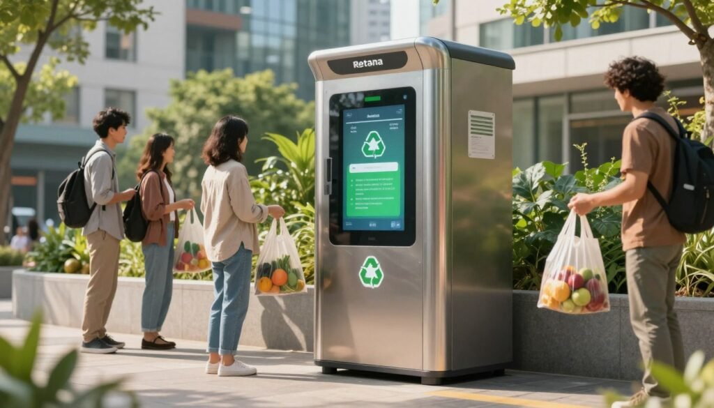 A modern recycling machine designed for innovative waste collection in an urban setting. In the foreground, the Retorna Machine stands tall, made of sleek metallic materials with interactive screens displaying instructions. Surrounding the machine, citizens in modest casual clothing are engaged in exchanging recyclable bags for fresh produce, like fruits and vegetables, creating an atmosphere of community and sustainability. The background features lush greenery and eco-friendly architecture, symbolizing an environmentally conscious city. Soft, natural sunlight filters through the scene, creating a warm, inviting ambiance. The perspective is slightly low-angle, emphasizing the machine’s significance and the collaborative spirit of the citizens. Overall, the mood is optimistic and forward-thinking, showcasing effective recycling technology in action.