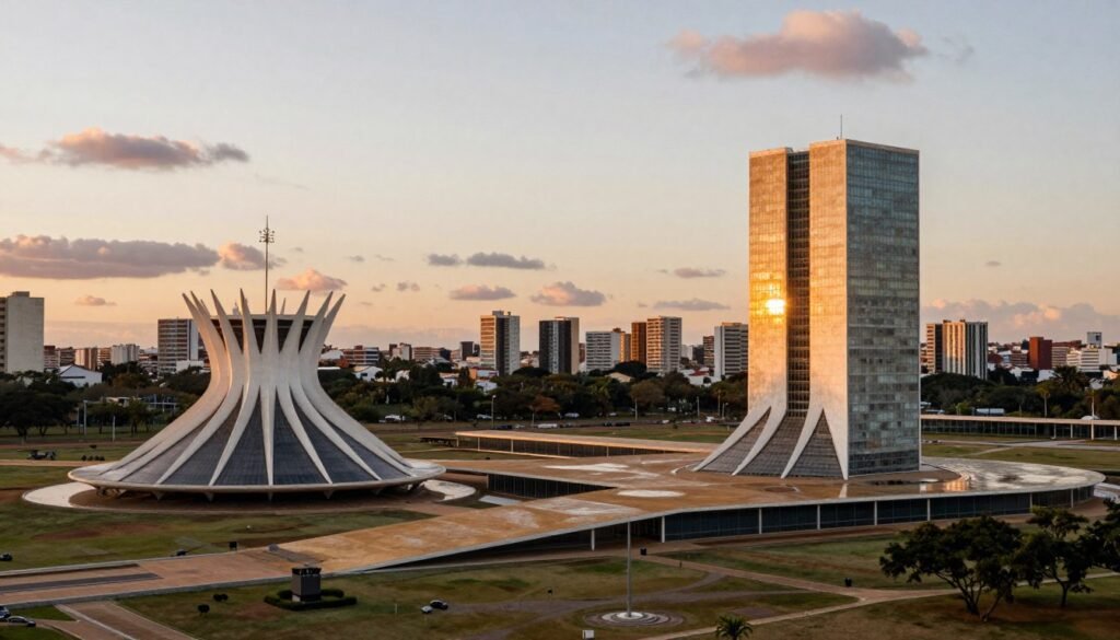 A panoramic view of Brasília, the capital of Brazil, showcasing its unique modernist architecture designed by Oscar Niemeyer. In the foreground, the prominent National Congress buildings, characterized by their iconic dome and asymmetrical layout. In the middle ground, the breathtaking Cathedral of Brasília with its striking glass windows reflecting the sunlight. The background features the expansive sky with scattered clouds, hinting at a vibrant sunset that casts warm hues across the city. The scene should evoke a sense of evolution and transformation, highlighting the blend of nature and urban development. Utilize soft, warm lighting to create an inviting atmosphere; the angle should capture the depth of the city's layout, emphasizing its planned design and grandeur.