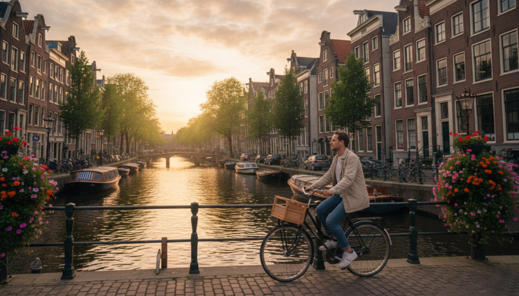 A picturesque view of Amsterdam's charming canals and neighborhoods, showcasing iconic narrow houses with gabled roofs lining the waterways. In the foreground, a cyclist in modest casual clothing glides past on a bicycle, reflecting the local lifestyle. The middle ground features vibrant flower boxes on window sills and small boats gently bobbing on the water. The background includes lush green trees and a softly illuminated sunset sky, casting a warm golden hue over the scene. Use a wide-angle lens to capture the depth of the canals, creating a serene, inviting atmosphere. Emphasize the tranquility and beauty of this historic city, invoking a sense of exploration and wonder.
