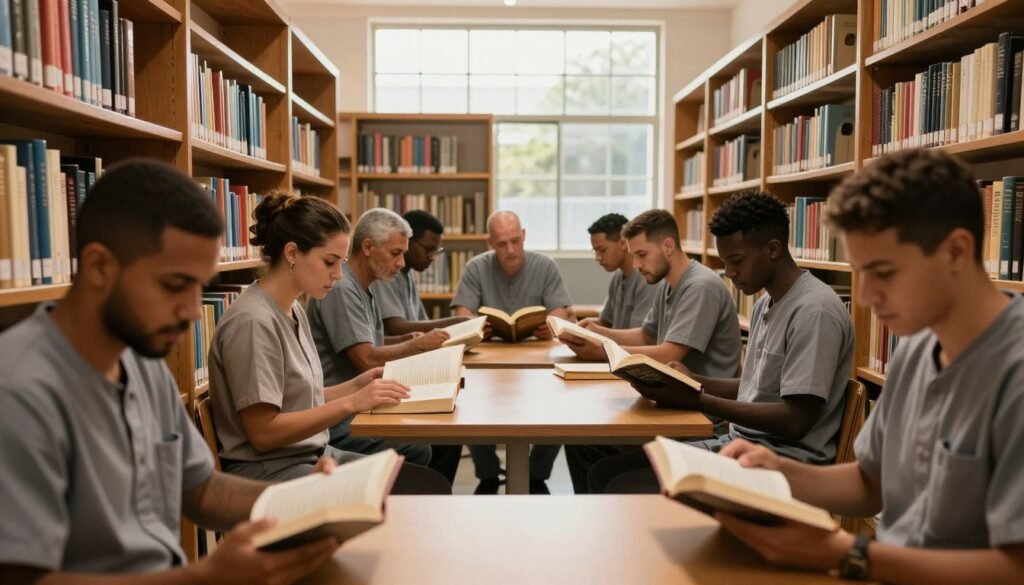 A serene, reflective scene depicting a modern library within a Brazilian prison, showcasing inmates engaged in reading. In the foreground, several male and female inmates, dressed in modest, professional attire, are immersed in books, their expressions a mix of concentration and hope. The middle layer includes wooden bookshelves filled with a diverse range of books, and a central reading table where inmates share discussions. The background shows a large window filtering warm, natural light, illuminating the space and casting soft shadows. The atmosphere is one of calmness and empowerment, emphasizing the transformative power of reading within the prison system. The composition should be framed with a slightly low angle to convey a sense of upward movement and optimism, focusing on the inmates' faces and the books.