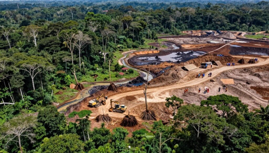 A striking aerial view of a deforested Amazon rainforest, showcasing the stark contrast between the lush greenery of untouched areas and the barren land disrupted by illegal mining activities. In the foreground, showcase heavy machinery, such as excavators and bulldozers, surrounded by large, uprooted trees and untoned soil. The middle ground features a chaotic scene of mining pits, with water contamination visible in nearby streams. In the background, impoverished indigenous communities can be seen, dressed in modest clothing, observing the destruction of their homeland. The overall atmosphere conveys a sense of urgency and loss, with dramatic lighting emphasizing the devastation caused by human encroachment on this vital ecosystem. Use a wide-angle lens to capture the expansive impact on the landscape, highlighting the threat to nature and indigenous cultures.