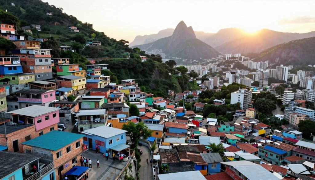 A stunning aerial view of Rocinha, Brazil's largest favela, showcasing vibrant houses densely packed on steep hillsides. In the foreground, a drone captures the colorful mosaic of rooftops, with local residents engaging in daily activities below, dressed in modest casual clothing. In the middle ground, the rich green landscape contrasts with the vibrant urban scene, revealing winding pathways and small shops interspersed among the homes. In the background, the iconic skyline of Rio de Janeiro peeks through, with the sun setting to create a warm golden hour glow. The atmosphere is lively and immersive, inviting viewers to experience the unique fusion of community and tourism in this dynamic neighborhood, with soft, natural lighting enhancing the scene's inviting charm.
