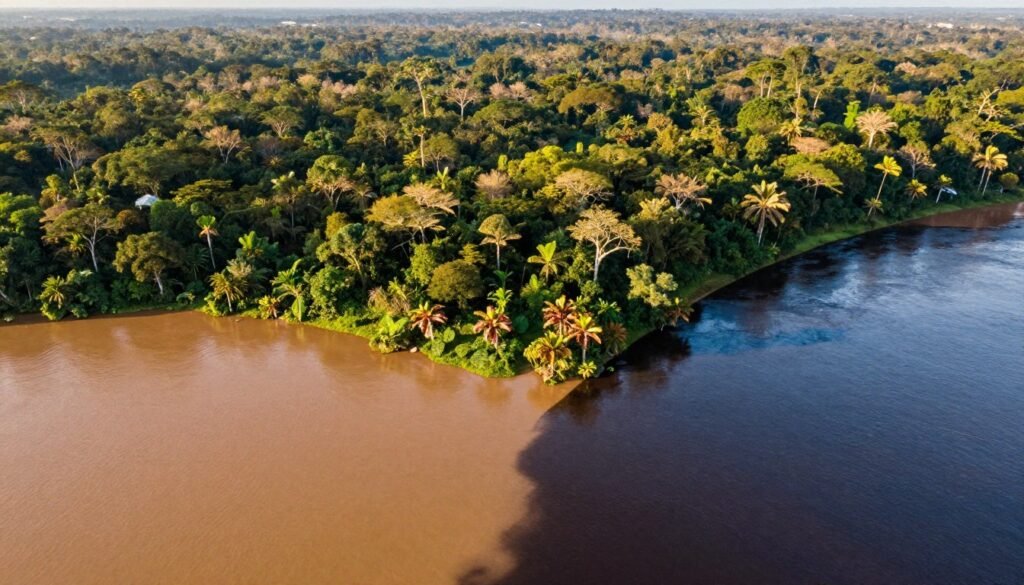 A stunning aerial view of the Amazon rainforest showcasing the unique phenomenon of the "Encontro das Águas," where two giant rivers flow side by side without mixing. In the foreground, the distinct colors of the muddy Rio Solimões and the clear water of the Rio Negro vividly contrast, illustrating the chemical and physical properties that keep them separate. In the middle ground, lush, vibrant greenery of the rainforest slopes down to the banks of the rivers, while small clusters of exotic plants thrive along the water's edge. The background features the vast Amazon landscape, bathed in warm, golden sunlight with soft shadows cast by the dense canopy. The atmosphere conveys tranquility and natural wonder, inviting the viewer to appreciate this unique environmental phenomenon from a bird's-eye view, captured in high resolution and vibrant colors.