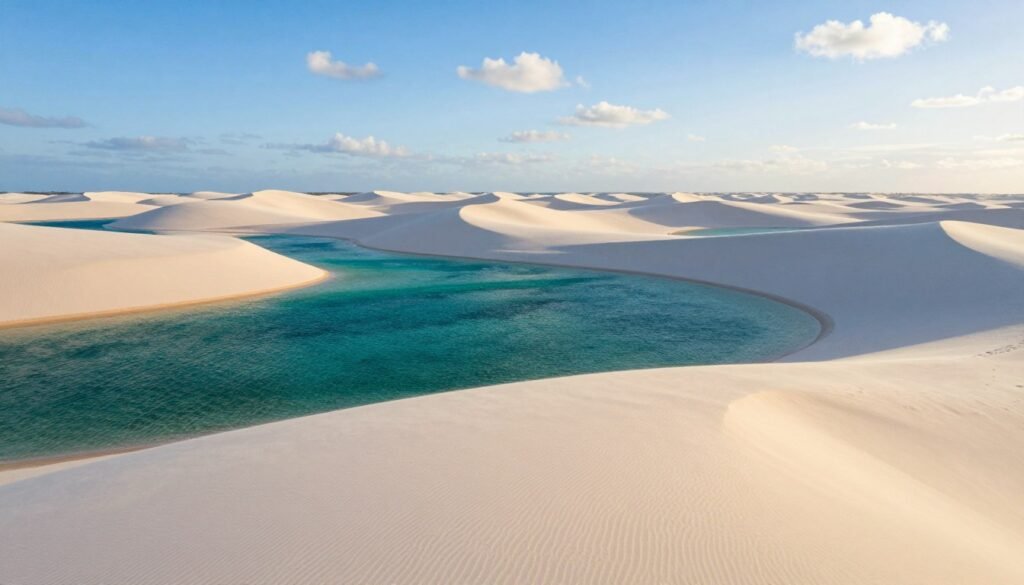A stunning aerial view of the Lençóis Maranhenses National Park, showcasing the unique geography of white sand dunes and crystal-clear lagoons. In the foreground, soft, rolling dunes stretch across the landscape, their curves softly illuminated by golden sunlight, creating gentle shadows. In the middle ground, vibrant turquoise and emerald lagoons glisten in the sun, contrasting beautifully with the bright white sand. The background features a clear blue sky with wispy white clouds, enhancing the tranquil atmosphere of this otherworldly setting. Capture this scene at golden hour for a warm, inviting glow, with a wide-angle lens to emphasize the vastness and beauty of this natural wonder. The mood should evoke serenity and awe in the viewer, inviting them to explore the hidden treasures of this unique desert-like environment.