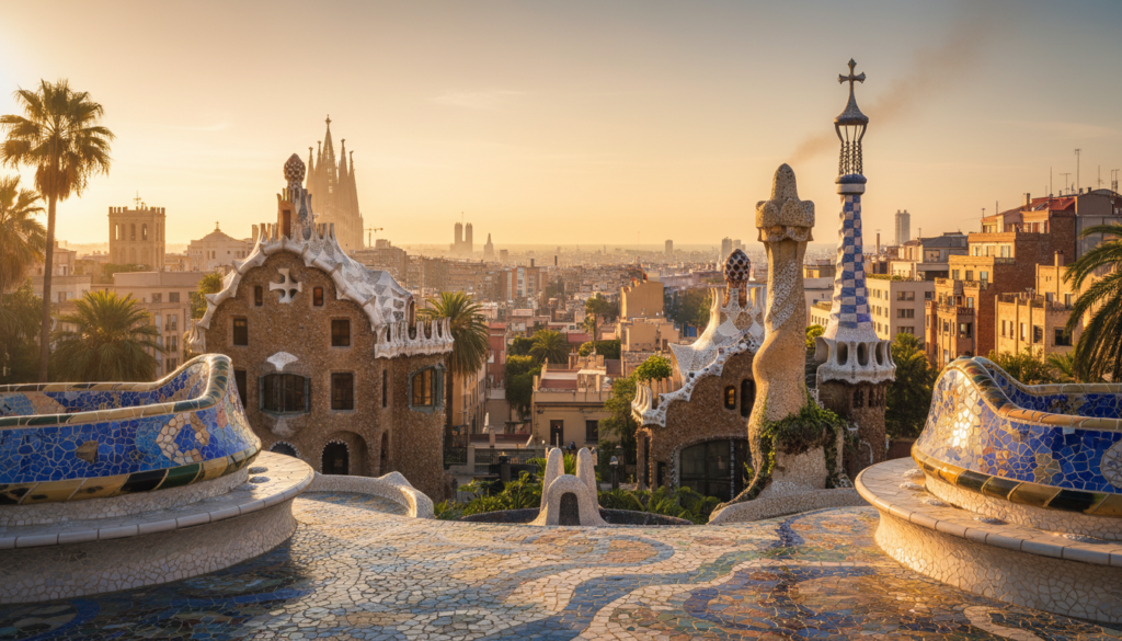 A stunning representation of the secret architectural wonders of Gaudí in Barcelona. The foreground features intricate mosaic tiles and unique organic shapes reminiscent of Gaudí's designs, with vibrant colors reflecting sunlight. The middle ground showcases a whimsical building with flowing lines and a fantastical chimney, adorned with lush greenery and hidden alcoves. In the background, a skyline of Barcelona with its iconic gothic and modernist architecture, subtly blended with the silhouettes of palm trees. The scene is bathed in golden hour lighting, creating a warm, inviting atmosphere. Capture the essence of mystery and creativity that defines Gaudí’s secretive works, with a focus on detail, texture, and harmonious colors in a wide-angle perspective.