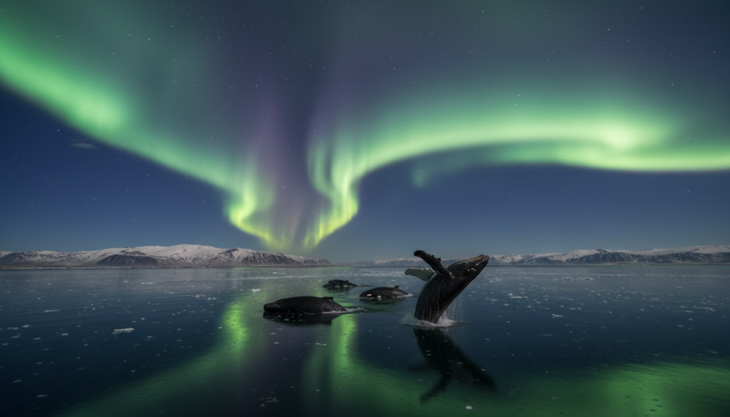 A stunning scene of whale watching beneath the Northern Lights in Iceland. In the foreground, majestic humpback whales gracefully breach the ocean’s surface, their dark silhouettes silhouetted against the vibrant colors of the auroras. The middle of the image features calm, icy waters reflecting the shimmering green and purple hues of the lights above. In the background, rugged, snow-capped mountains rise softly under a starry sky, adding depth to the landscape. The mood is tranquil and awe-inspiring, capturing the magical experience of witnessing these natural phenomena. The image should have soft, ethereal lighting, evoking a sense of wonder and the beauty of nature. Use a wide-angle lens effect to enhance the grandeur of this breathtaking moment in Iceland. A stunning scene of whale watching beneath the Northern Lights in Iceland. In the foreground, majestic humpback whales gracefully breach the ocean’s surface, their dark silhouettes silhouetted against the vibrant colors of the auroras. The middle of the image features calm, icy waters reflecting the shimmering green and purple hues of the lights above. In the background, rugged, snow-capped mountains rise softly under a starry sky, adding depth to the landscape. The mood is tranquil and awe-inspiring, capturing the magical experience of witnessing these natural phenomena. The image should have soft, ethereal lighting, evoking a sense of wonder and the beauty of nature. Use a wide-angle lens effect to enhance the grandeur of this breathtaking moment in Iceland.