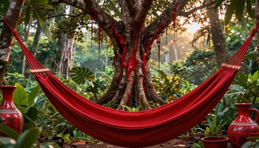 A vibrant, abstract representation of the color red symbolizing Brazilian culture. In the foreground, showcase traditional Brazilian elements such as a vibrant red hammock and intricate red ceramics, embodying the rich cultural heritage. The middle ground features a majestic Brazilian tree with blood-red sap trickling down its trunk, symbolizing the "Tree of Blood." Surrounding this scene, lush green foliage emphasizes the contrast and enhances the red hues. In the background, a subtle silhouette of the Amazon rainforest adds depth, bathed in warm sunlight filtering through the leaves, creating an atmosphere of mystique and reverence. Use a soft focus lens to create a dreamy effect, capturing the essence of Brazilian cultural symbolism and fostering a mood of curiosity and connection.