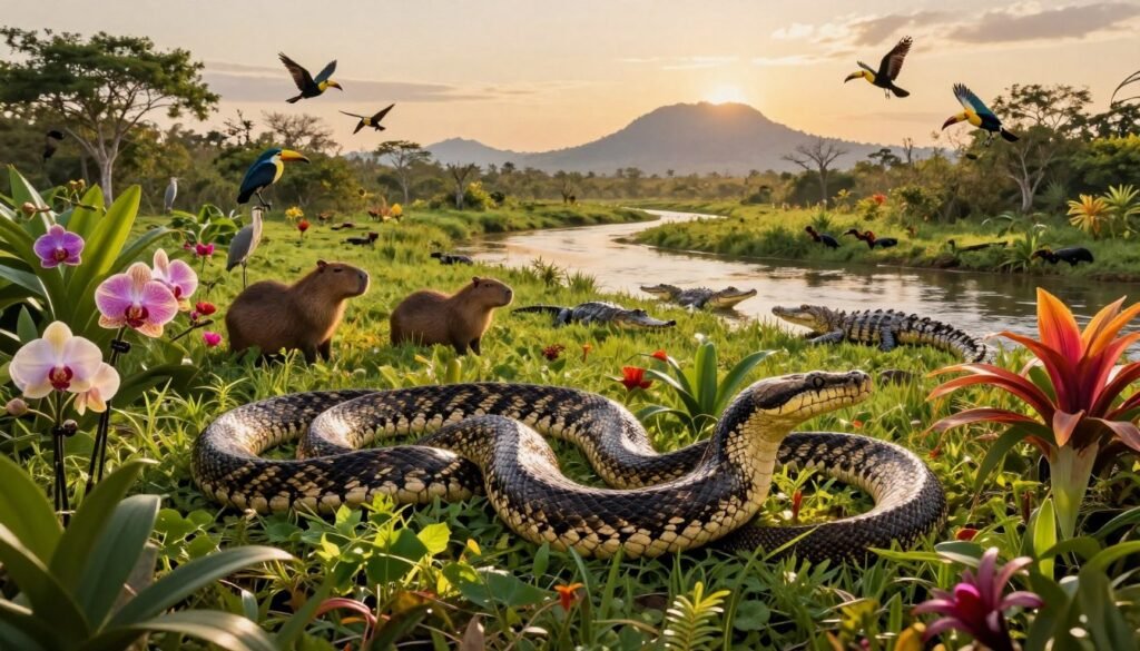 A vibrant and lush portrayal of the Pantanal's biodiversity, capturing the essence of this unique ecosystem. In the foreground, a majestic 9-meter anaconda coiled gracefully among rich, green foliage, its scales shimmering in the dappled sunlight. Surrounding it, diverse flora blooms, featuring colorful orchids and vivid bromeliads. In the middle ground, a variety of wildlife, such as capybaras and caimans, can be seen near a winding river, while an array of tropical birds, like toucans and herons, flits through the treetops. The background showcases the expansive wetlands and silhouettes of distant mountains under a soft, golden dusk. The scene is illuminated by warm, natural light, evoking a sense of tranquility and wonder, highlighting the rich tapestry of life within the Pantanal.