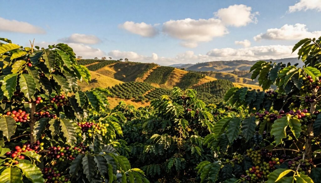 A vibrant landscape depicting the ideal climate for coffee cultivation in Brazil. In the foreground, lush green coffee plants laden with ripe cherries, showcasing various stages of their growth. In the middle ground, rolling hills adorned with rows of coffee trees stretching toward the horizon, bathed in warm, golden sunlight. The background features a clear blue sky dotted with soft white clouds, and distant mountains adding depth to the scene. The mood is serene and inviting, embodying the rich agricultural heritage of Brazil. Capture this scene with a warm, bright lighting setup, using a slight wide-angle lens to enhance the expansiveness of the landscape, making it feel alive and thriving.