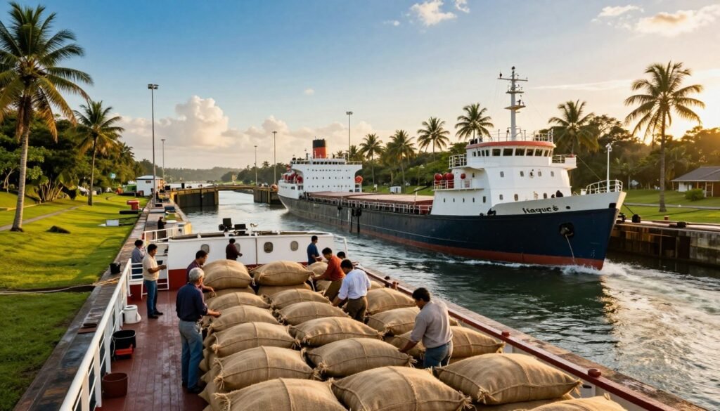 A vintage cargo ship named "Itaquicê" navigating through the Panama Canal, surrounded by lush green tropical scenery. In the foreground, the ship's deck is filled with burlap sacks of coffee, hinting at its cargo. Diverse crew members, dressed in modest casual clothing, are working together to secure the loads. The middle ground features the iconic canal locks, with the water reflecting the bright blue sky. Towering palm trees line the banks, adding to the tropical atmosphere. In the background, distant hills fade into the horizon under a warm, golden sunset, casting a nostalgic and adventurous mood. The scene captures the essence of a historic journey, emphasizing both teamwork and the lush beauty of the canal environment.