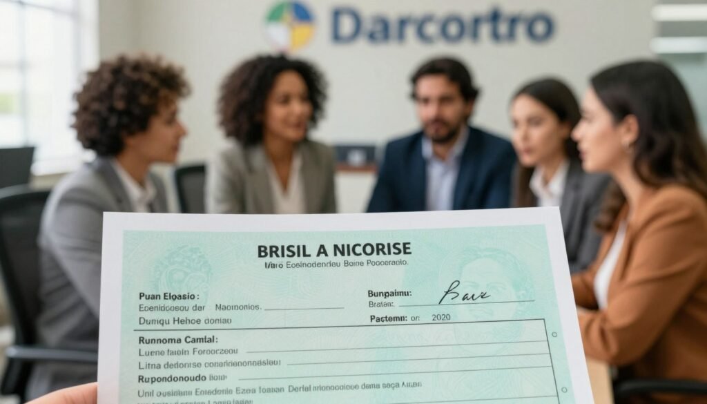 A visually engaging composition illustrating Brazilian civil registry documents, prominently featuring family name structures. In the foreground, showcase an official Brazilian document with clear sections for both the mother's and father's surnames, emphasizing the unique order of names in Brazil. The middle ground can include a blurred image of a diverse family group, dressed in professional attire, discussing their names with expressions of curiosity and pride. In the background, a gentle blur of a government office or registry building can be implied, highlighting the formal setting. Soft, natural lighting filters through the office, creating a welcoming and informative atmosphere. Use a standard lens perspective to emphasize the details on the document while keeping human subjects at a respectful distance. The mood should feel educational and respectful, fitting for a discussion about cultural naming practices.