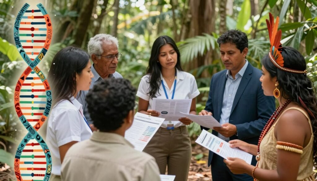 A visually informative illustration depicting key studies on the predominance of blood type O among native Brazilians. In the foreground, include a close-up illustration of a DNA helix intertwined with indigenous symbols representing Brazil's rich culture. In the middle ground, feature a diverse group of indigenous individuals in professional attire, engaged in conversation or examining scientific charts and graphs related to blood types, emphasizing professionalism and collaboration. In the background, softly blurred tropical rainforest elements create an authentic Brazilian atmosphere, with dappled sunlight filtering through the trees. Use a bright yet natural color palette to convey hope and intrigue, shot from a slightly elevated angle to capture both the individuals and the detailed visuals around them. The overall mood should be curious and scholarly, inviting viewers to explore the genetic mystery further.