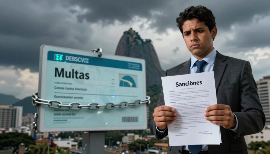 A visually striking illustration depicting the concept of electoral fines and sanctions in Brazil. In the foreground, a concerned voter in professional attire stands holding an official document labeled "Multas" (fines) and "Sanciones" (sanctions), highlighting the seriousness of mandatory voting laws. The middle ground showcases a symbolic representation of a chained bank account with digital elements, suggesting financial repercussions for non-compliance. The background features Brazil’s iconic skyline under a cloudy sky, symbolizing turmoil and debate around democracy. The lighting is dramatic, with contrast between shadowy areas and a spotlight on the voter, creating a tense and thought-provoking atmosphere. The angle captures an upward view, emphasizing the weight of civic responsibility and governance.