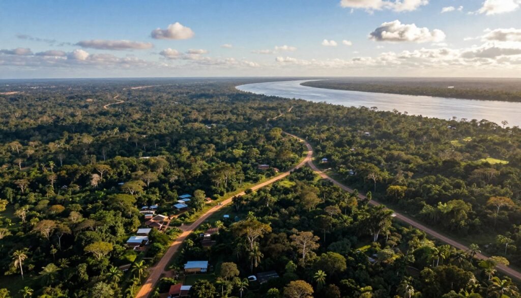 Aerial view of the Amazon Basin showcasing intricate road infrastructure interspersed with vast green rainforest. In the foreground, winding dirt roads and narrow pathways connect small settlements, while in the middle ground, a network of modern, yet unpaved roads leads through dense foliage. The background features the mighty Amazon River shimmering under a bright, blue sky with scattered clouds. The lighting is warm and inviting, suggesting mid-afternoon sun, with soft shadows cast by the tall trees. Capture the contrast between developed and untouched landscapes, evoking a sense of mystery and exploration in this unique logistical challenge. The atmosphere should be vibrant yet tranquil, highlighting the beauty and complexity of transportation within this iconic region of the world.