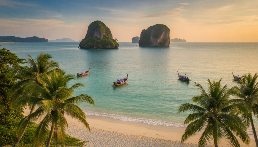 A breathtaking view of Thailand's islands and coastlines, showcasing turquoise waters lapping against white sandy beaches. In the foreground, vibrant green palm trees sway gently in the breeze, casting dappled shadows on the beach. The middle ground features a pair of pristine islands with unique rock formations and lush vegetation, while traditional longtail boats rest idly near the shore. In the background, the azure sky transitions to a soft golden sunset, illuminating the scene with warm, romantic light. The atmosphere is serene and inviting, emphasizing the natural beauty of Thailand’s coastal treasures. Use a wide-angle shot to capture the expansive panorama, highlighting the harmony between land and sea, without any text or watermarks. A breathtaking view of Thailand's islands and coastlines, showcasing turquoise waters lapping against white sandy beaches. In the foreground, vibrant green palm trees sway gently in the breeze, casting dappled shadows on the beach. The middle ground features a pair of pristine islands with unique rock formations and lush vegetation, while traditional longtail boats rest idly near the shore. In the background, the azure sky transitions to a soft golden sunset, illuminating the scene with warm, romantic light. The atmosphere is serene and inviting, emphasizing the natural beauty of Thailand’s coastal treasures. Use a wide-angle shot to capture the expansive panorama, highlighting the harmony between land and sea, without any text or watermarks.