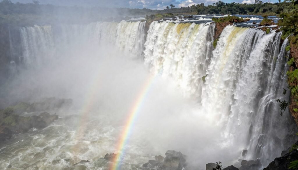 A breathtaking view of the "Garganta del Diablo" at Iguazú Falls, showcasing the massive water flow crashing down with immense force. In the foreground, swirling mist rises from where the water plunges, creating a dramatic, ethereal atmosphere. The middle ground features the tumbling water cascading over jagged rocks, beautifully illuminated by sunlight filtering through the mist, casting a soft rainbow effect. In the background, lush green vegetation embraces the cliff edges, contrasting with the powerful water rushing down. Capture this scene from a slightly elevated angle with a wide lens, emphasizing the scale and volume of the falls. The overall mood should evoke awe and the raw power of nature, highlighting the sheer volume of water that makes Iguazú Falls an extraordinary spectacle.